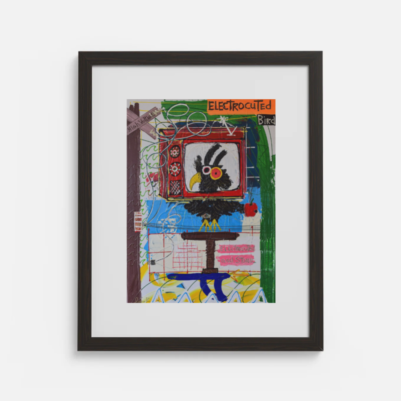 The Big Tweet Theory: Electrocuted Bird Framed Art by Junior Rodriguez